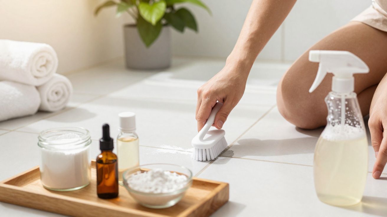 Pessoa a limpar juntas de azulejos com escova branca, produtos de limpeza e toalhas ao lado.