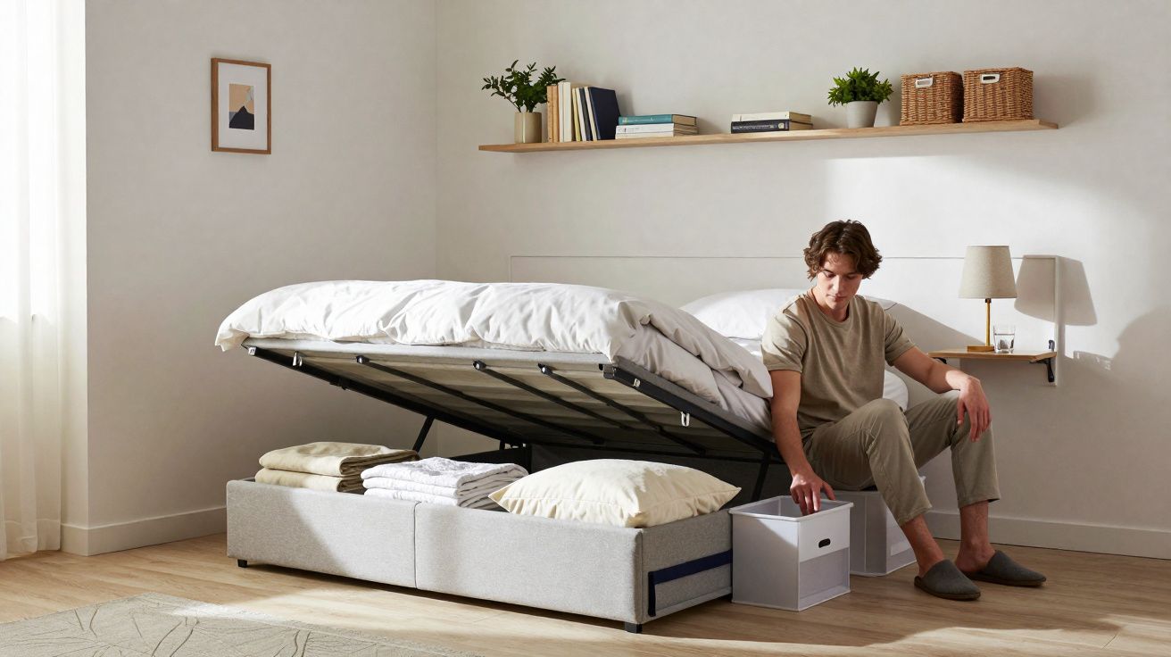 Quarto minimalista com cama de arrumação aberta e homem a organizar caixas sob a cama.