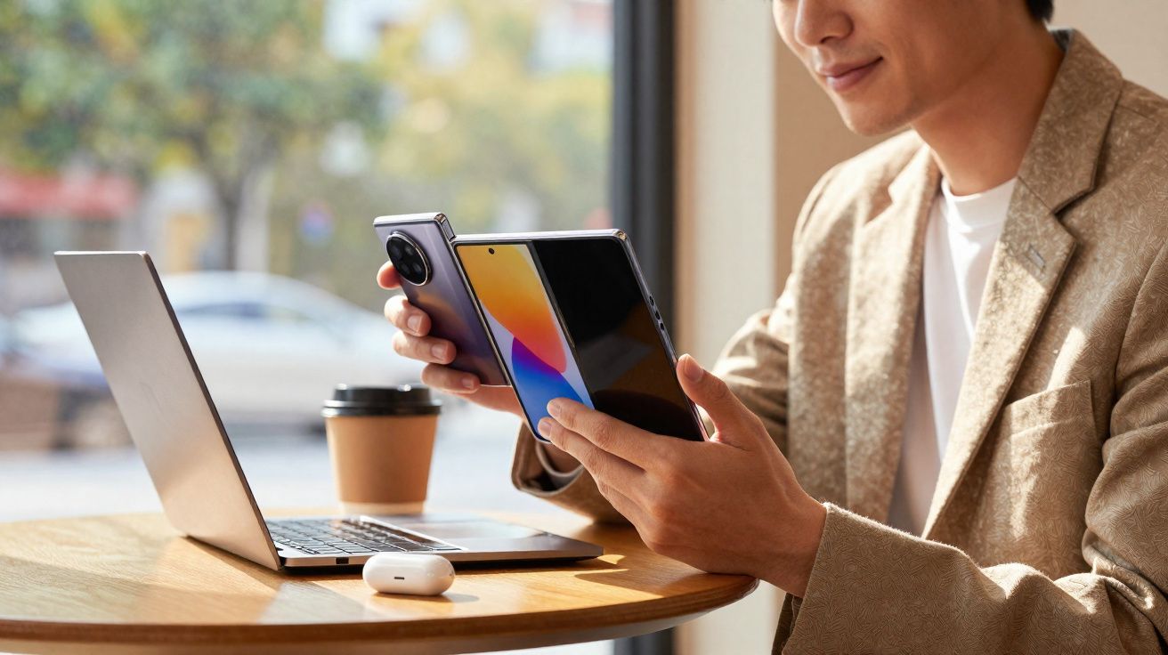 Pessoa a comparar dois telemóveis numa mesa com portátil aberto, copo de café e auriculares sem fios.
