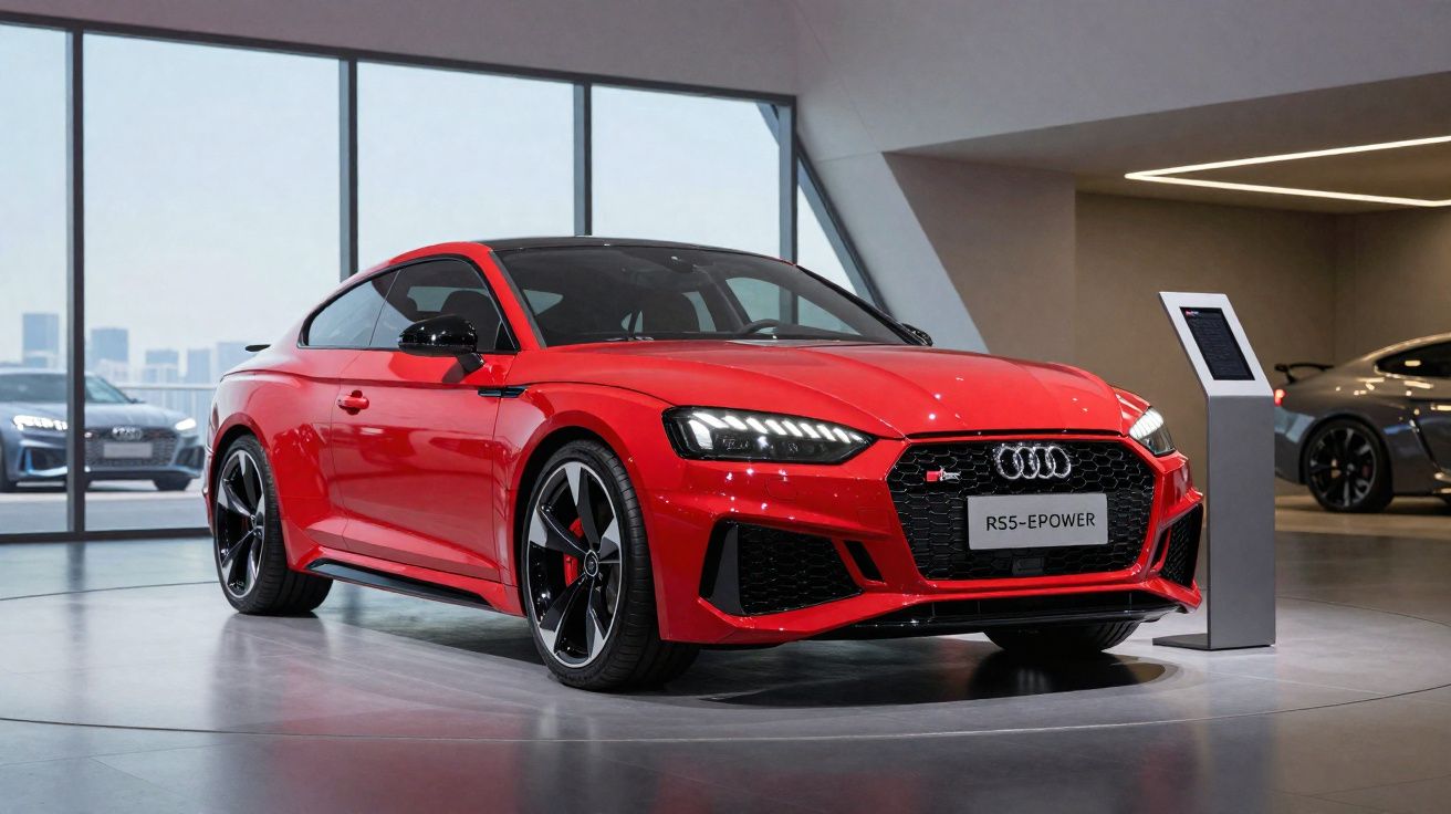 Carro desportivo Audi RS5-EPOWER vermelho exposto numa sala moderna com grandes janelas e outros veículos ao fundo.
