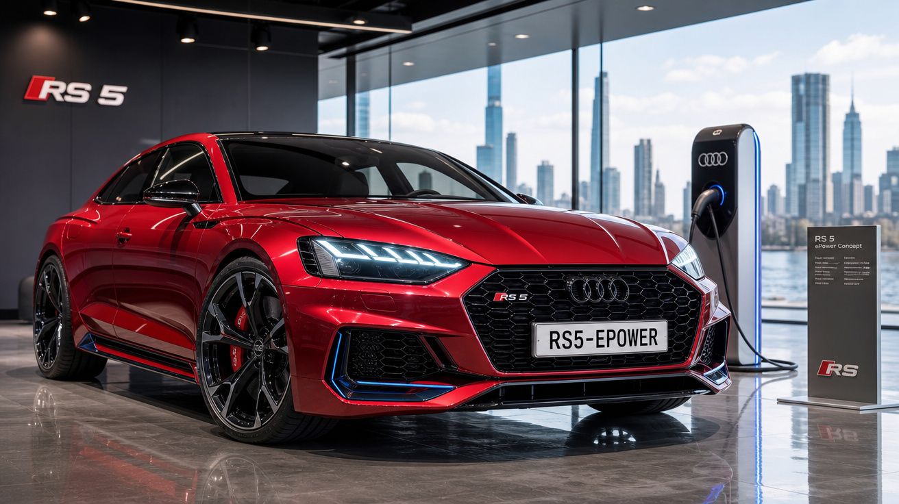 Audi RS 5 vermelho eléctrico em exposição, ligado a posto de carregamento com vista para cidade moderna.