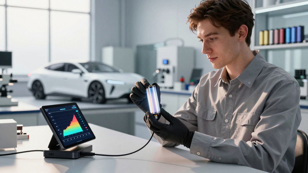 Homem com luvas a analisar célula solar em laboratório com carro elétrico ao fundo.