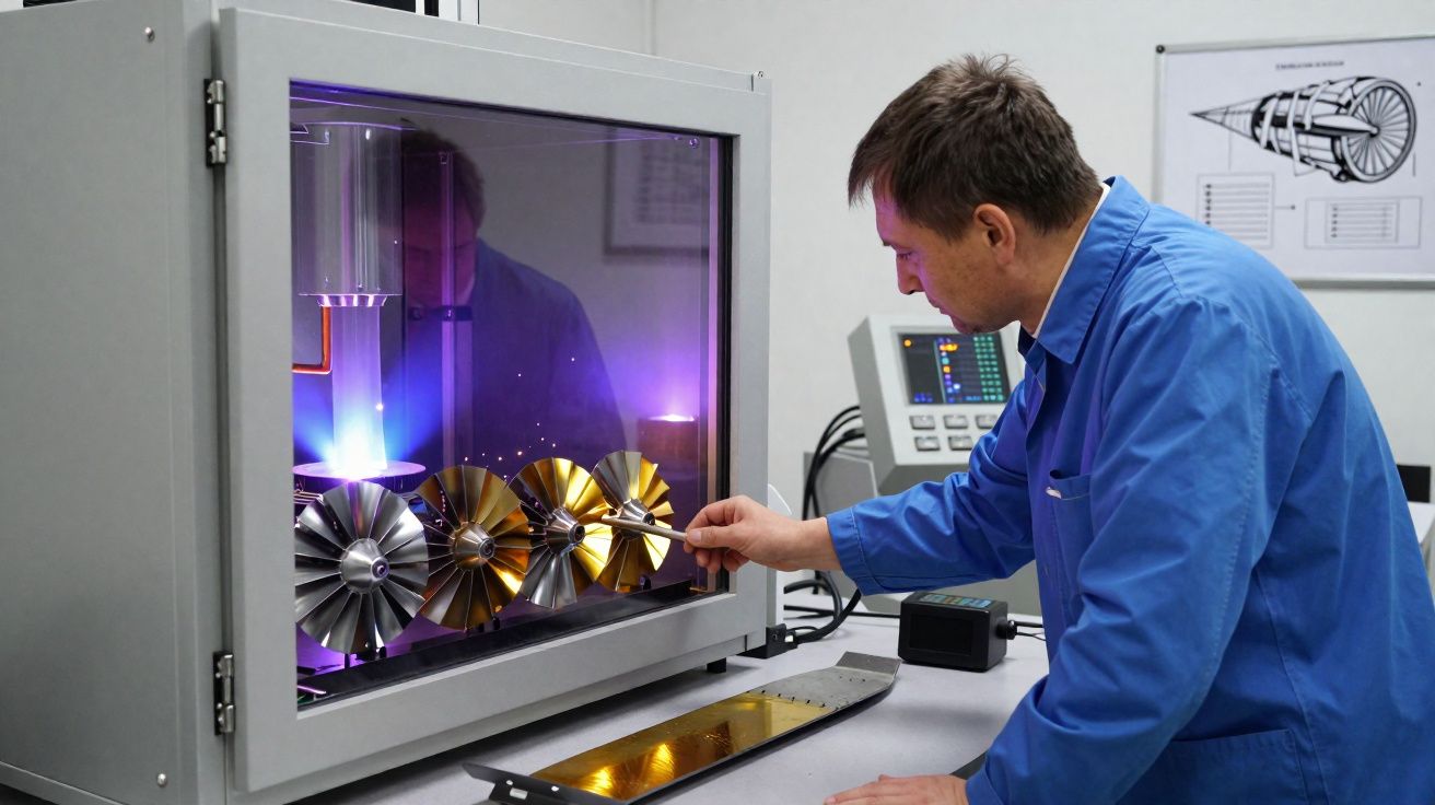 Homem em bata azul a trabalhar numa máquina com turbinas metálicas num laboratório.