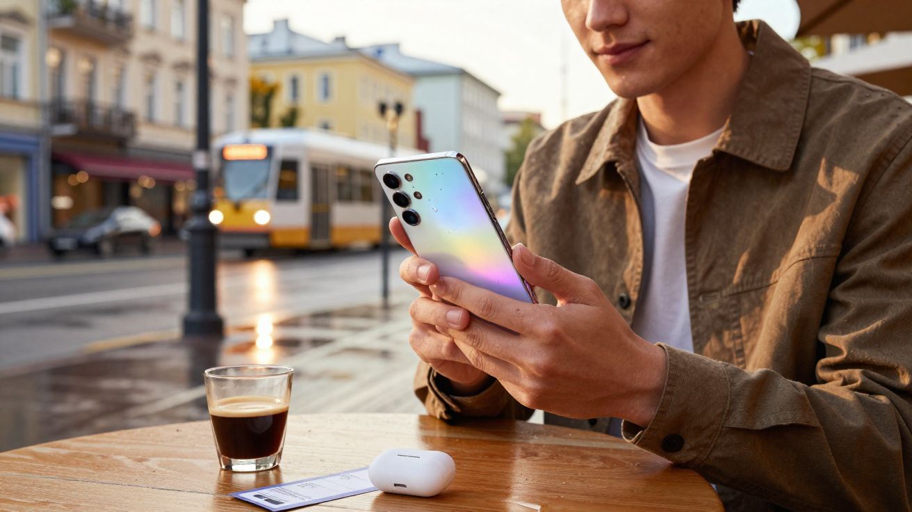 Homem sentado numa esplanada a usar telemóvel com café, auriculares e eléctrico ao fundo numa rua urbana.