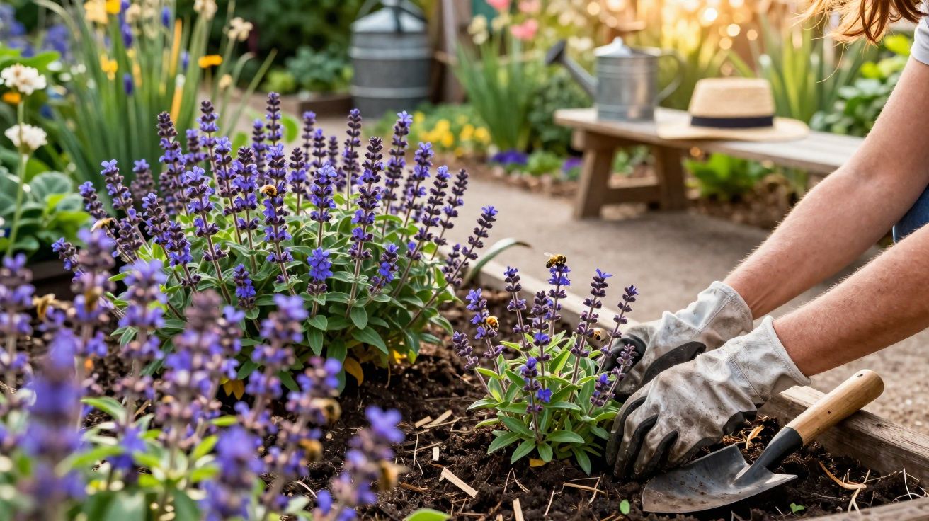 Pessoa a cultivar flores púrpuras numa horta com luvas de jardinagem e ferramentas ao lado.