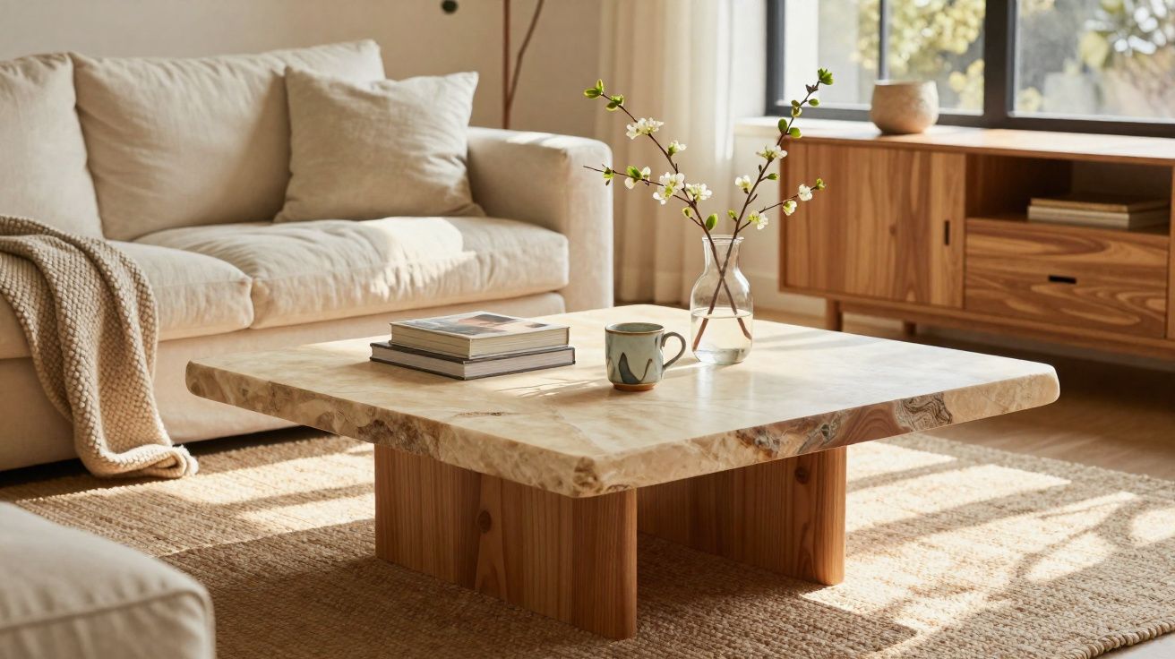 Sala de estar com sofá bege, mesa de madeira com livros, chávena e ramo de flores brancas.
