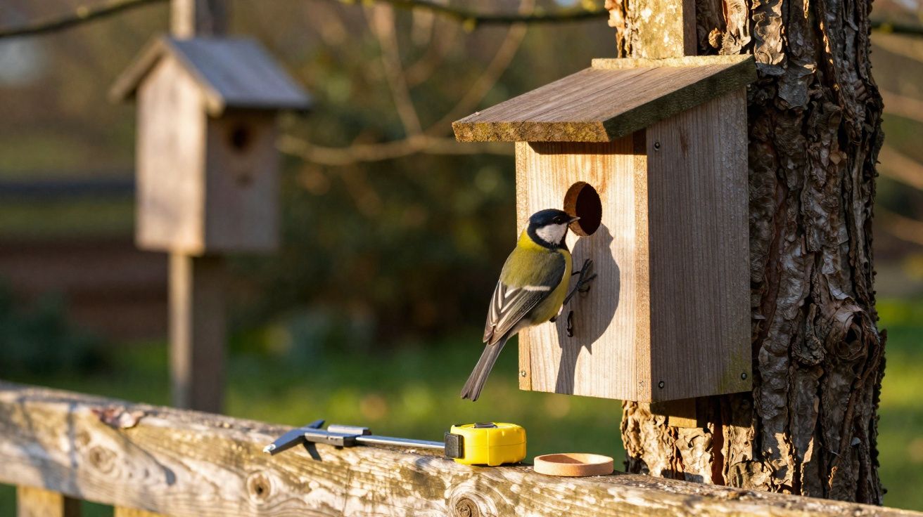 Pássaro azul e amarelo pousado numa casa de madeira para aves presa a uma árvore, com ferramentas numa cerca ao lado.