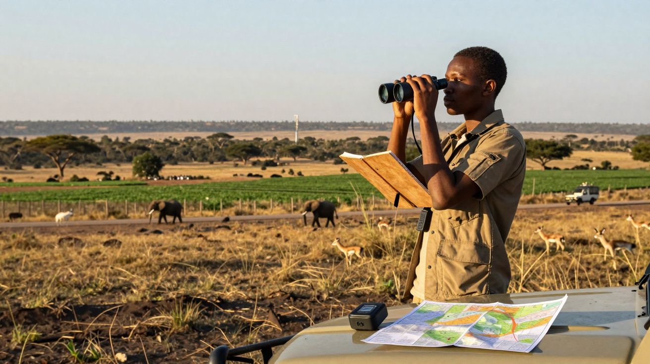 Jovem guarda florestal observa a fauna selvagem com binóculos na savana africana ao amanhecer.