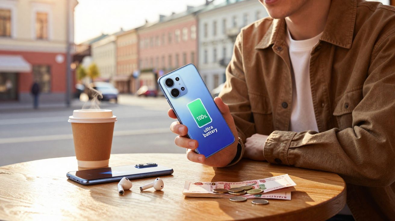 Pessoa sentada numa esplanada a segurar telemóvel com bateria cheia, ao lado de café, fones e dinheiro sobre a mesa.
