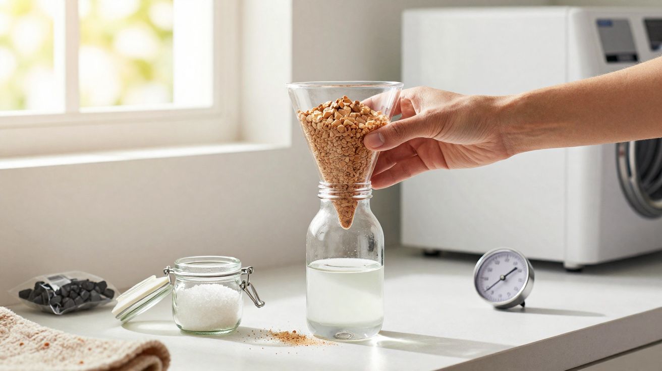 Mão a colocar pérolas de sabão num funil sobre garrafa com líquido branco numa bancada de cozinha.