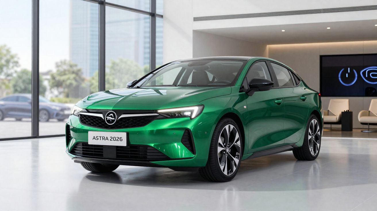 Carro verde Opel Astra 2026 em exposição numa sala moderna com grandes janelas.