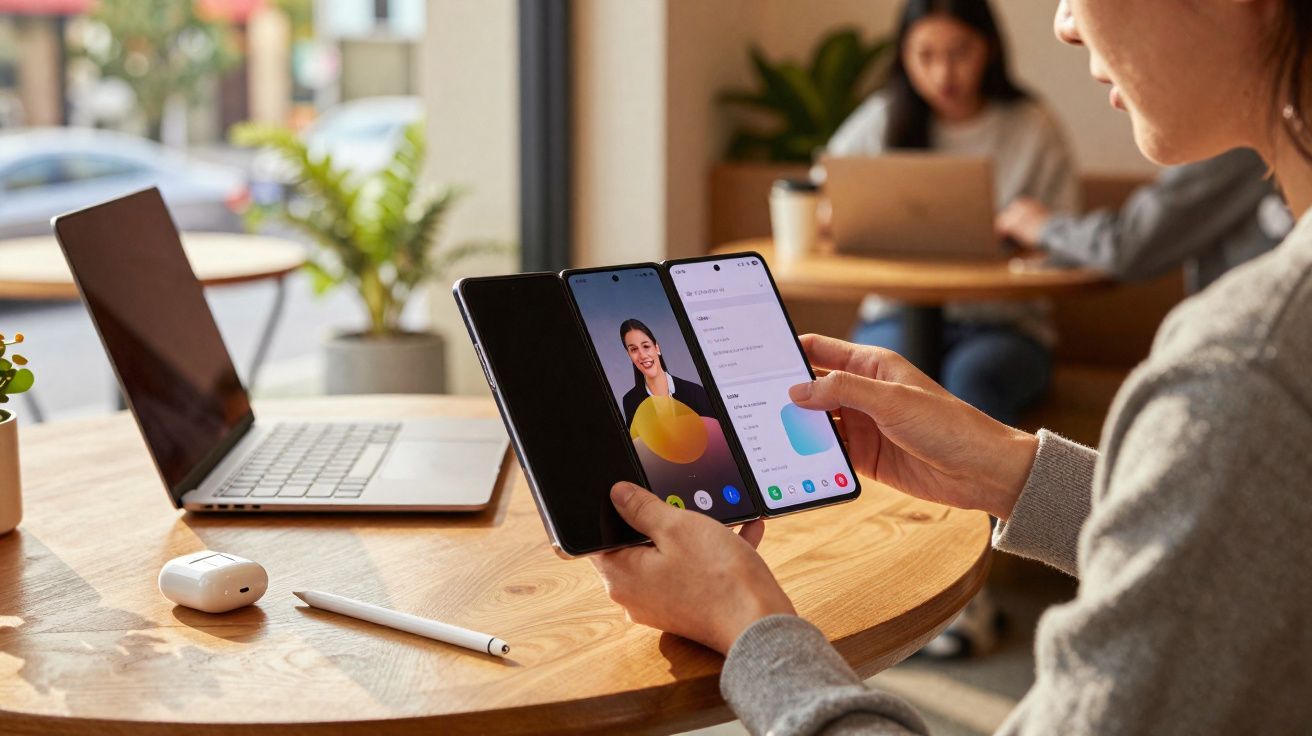 Pessoa a usar smartphone dobrável numa mesa com portátil, earphones e caneta digital num café.