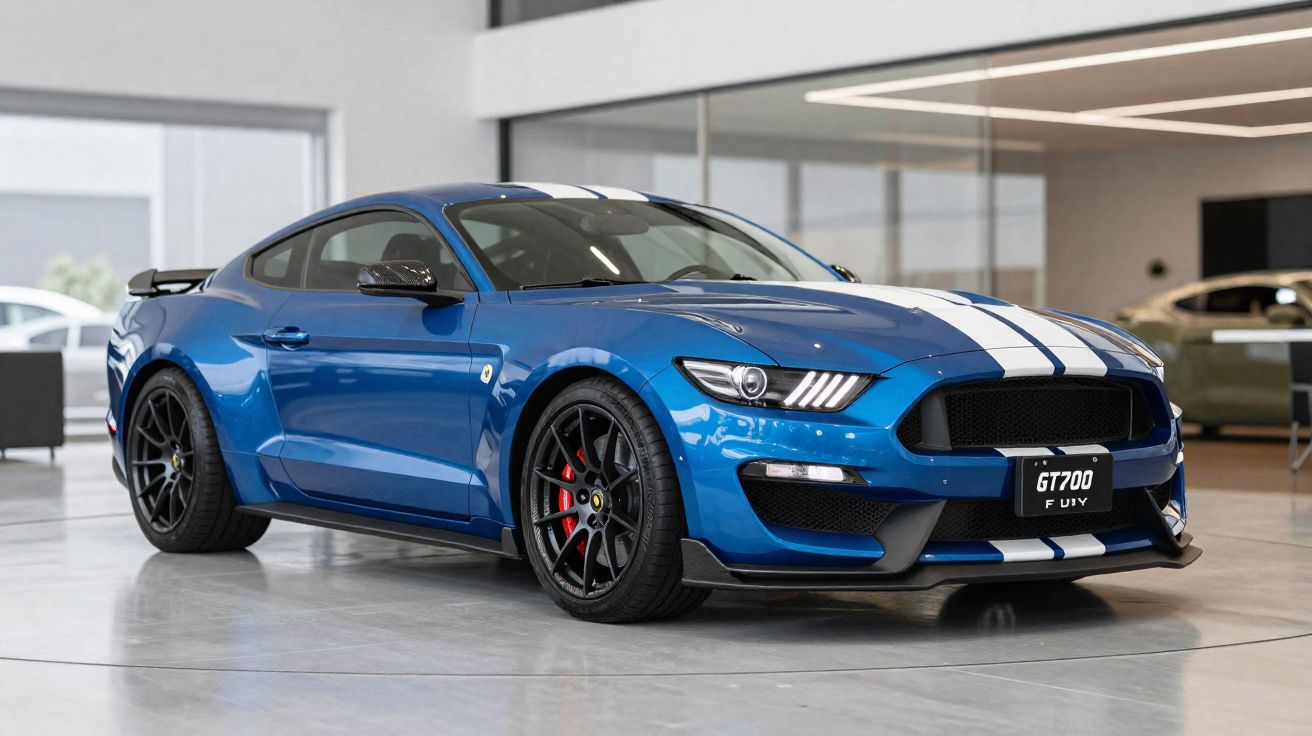 Carro desportivo azul com faixas brancas, rodas pretas e detalhes vermelhos, estacionado em interior moderno.