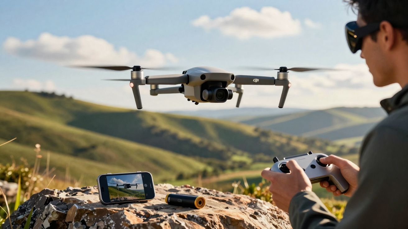 Homem a controlar drone cinzento com comando numa paisagem montanhosa verde ao entardecer.