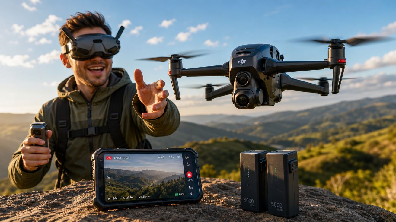 Homem com óculos de realidade virtual controla drone DJI em ambiente montanhoso durante o dia.