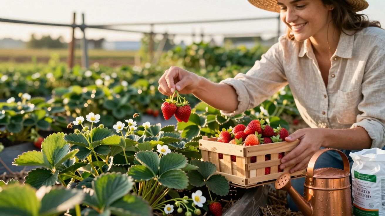 Mulher colhe morangos maduros numa quinta ensolarada, com um cesto de madeira cheio de frutos frescos.