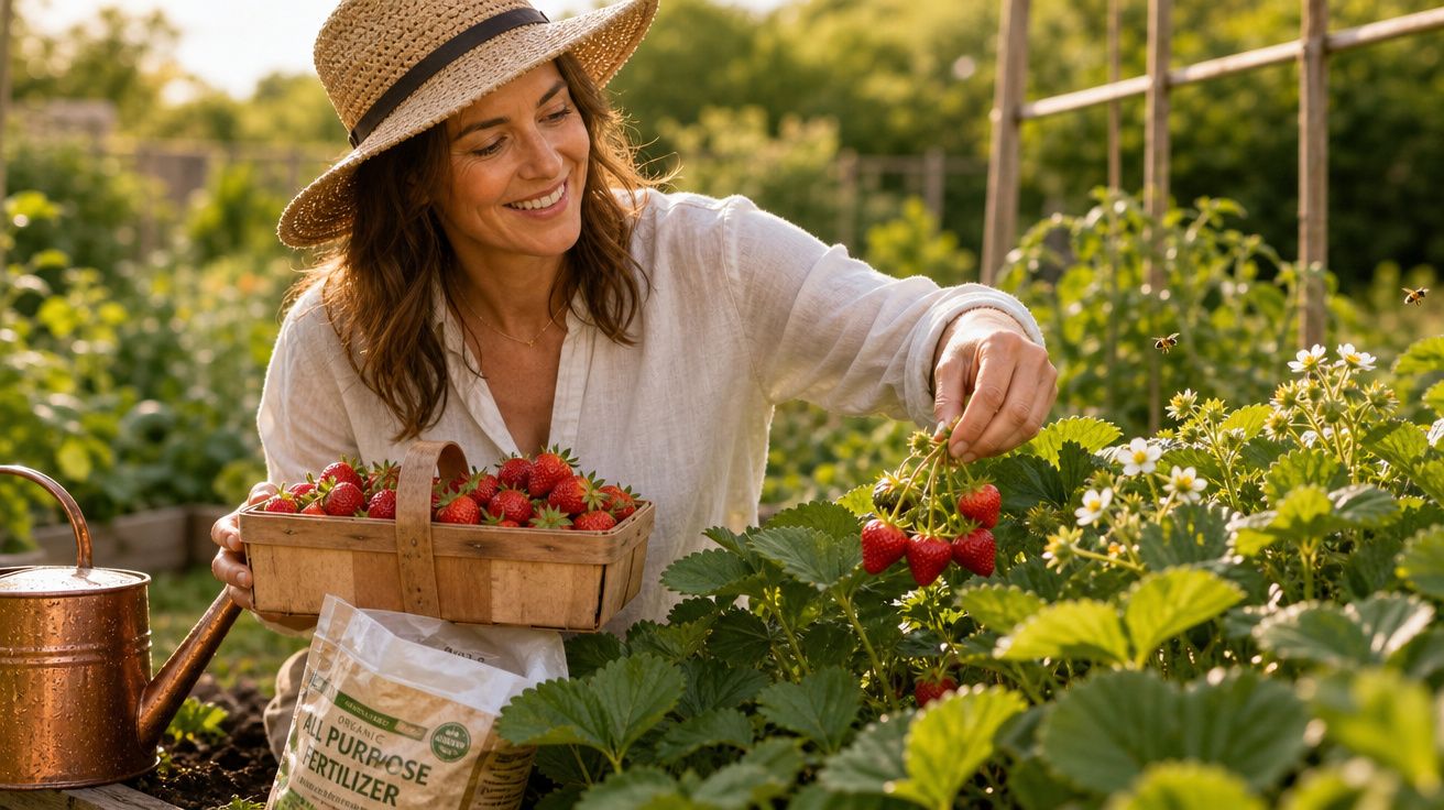 Mulher sorridente a colher morangos num jardim, com chapéu de palha e cesta cheia de frutos vermelhos.
