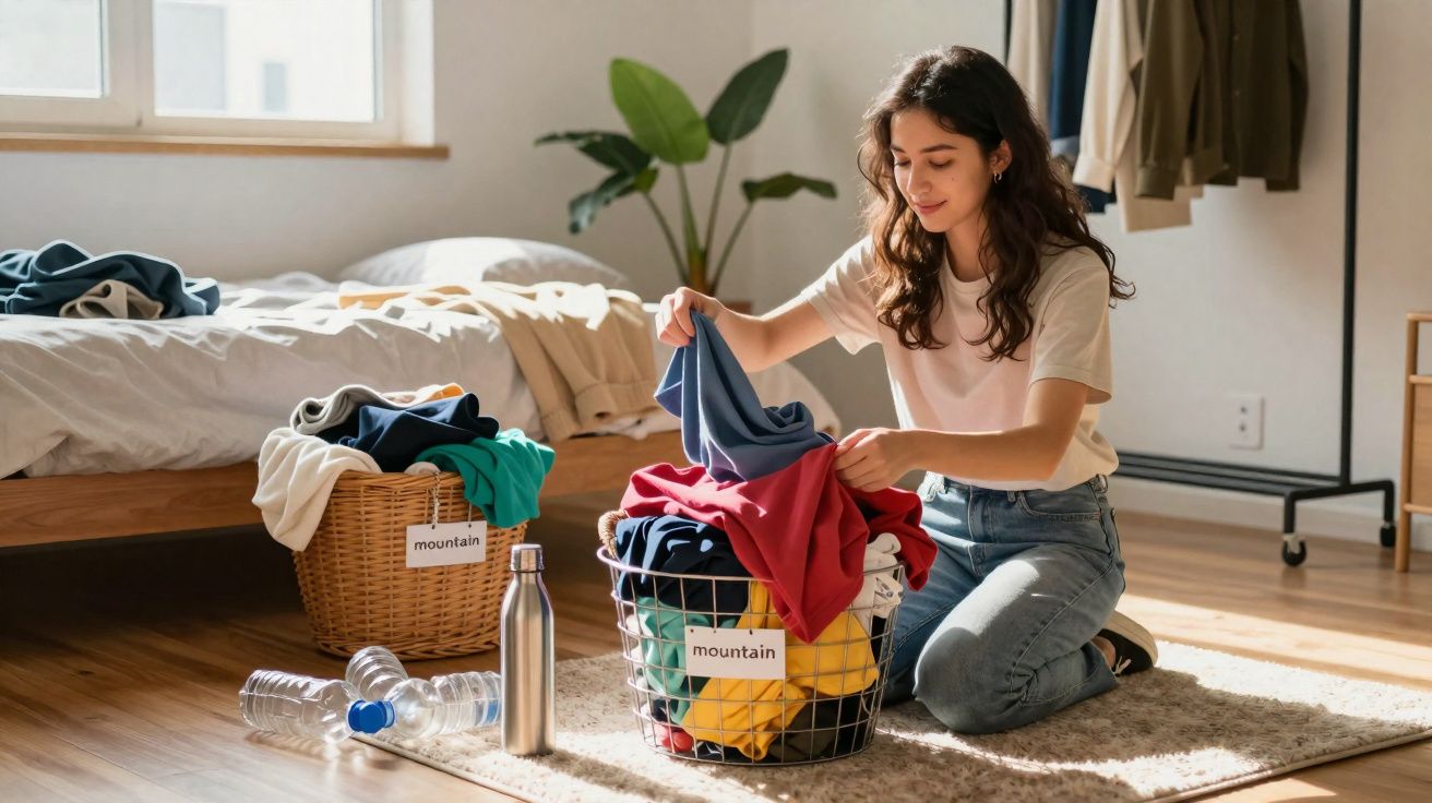 Mulher jovem a dobrar roupa colorida numa cesta numa divisão iluminada e organizada.