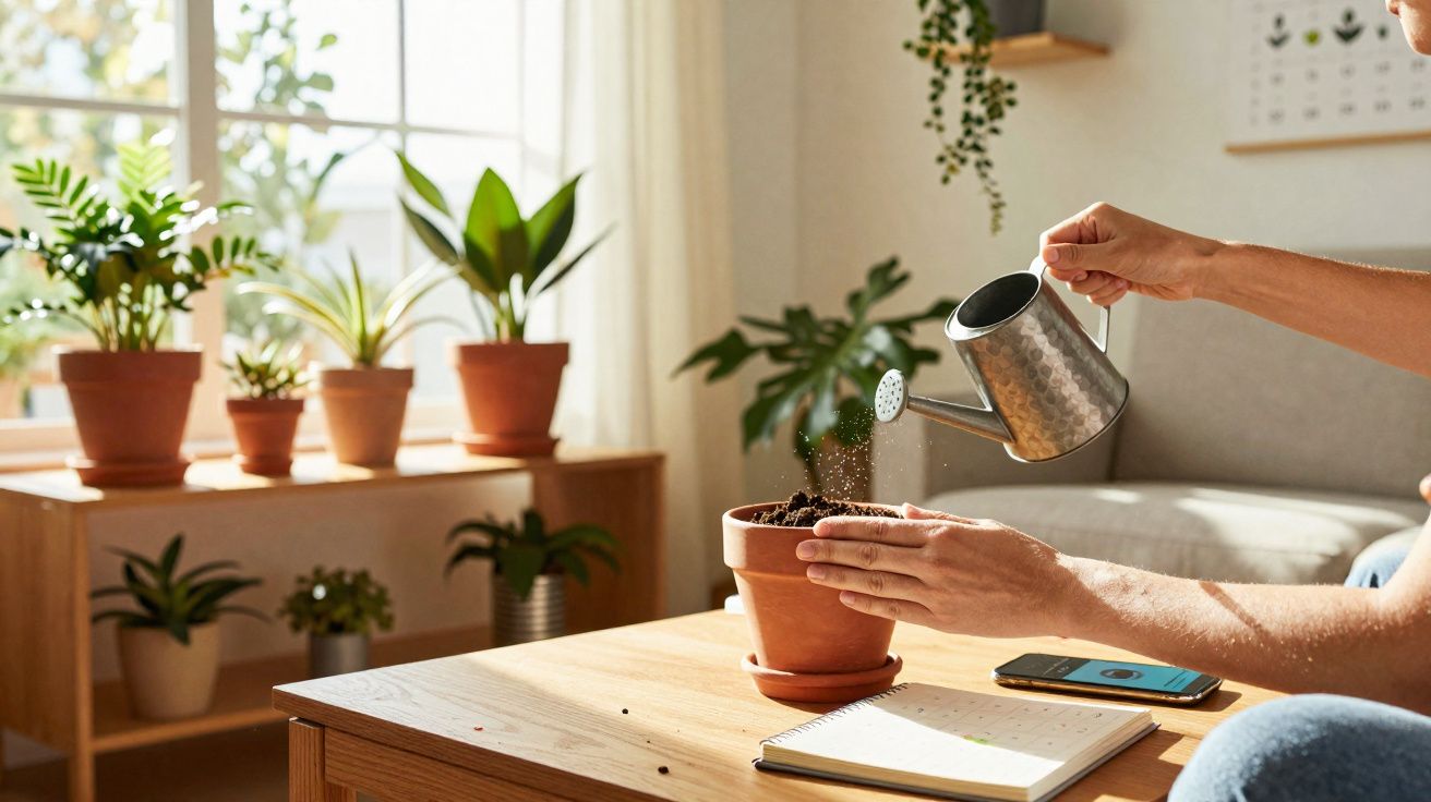 Pessoa a regar planta em vaso de barro dentro de casa, rodeada por outras plantas em ambiente iluminado.