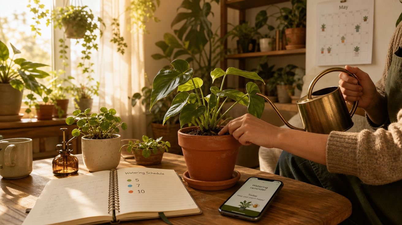 Pessoa a regar planta dentro de casa com várias plantas e caderno de manutenção numa mesa de madeira.