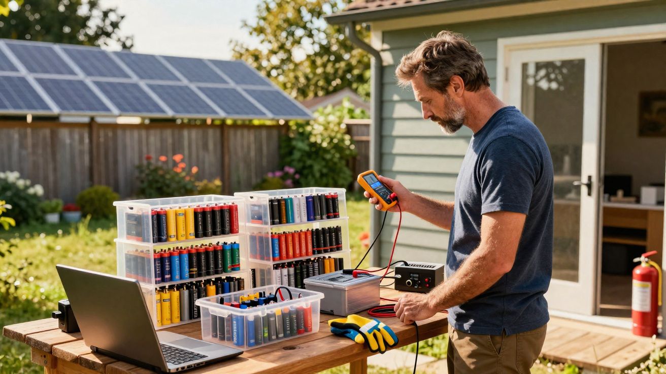 Homem a testar baterias recarregáveis numa bancada com painéis solares ao fundo.
