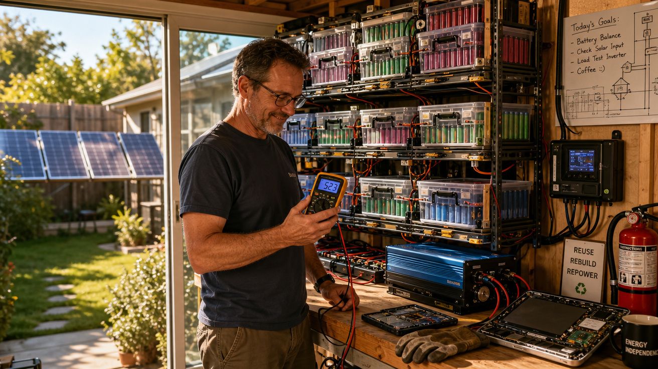 Homem a testar voltagem em bateria numa oficina com painéis solares visíveis no exterior.