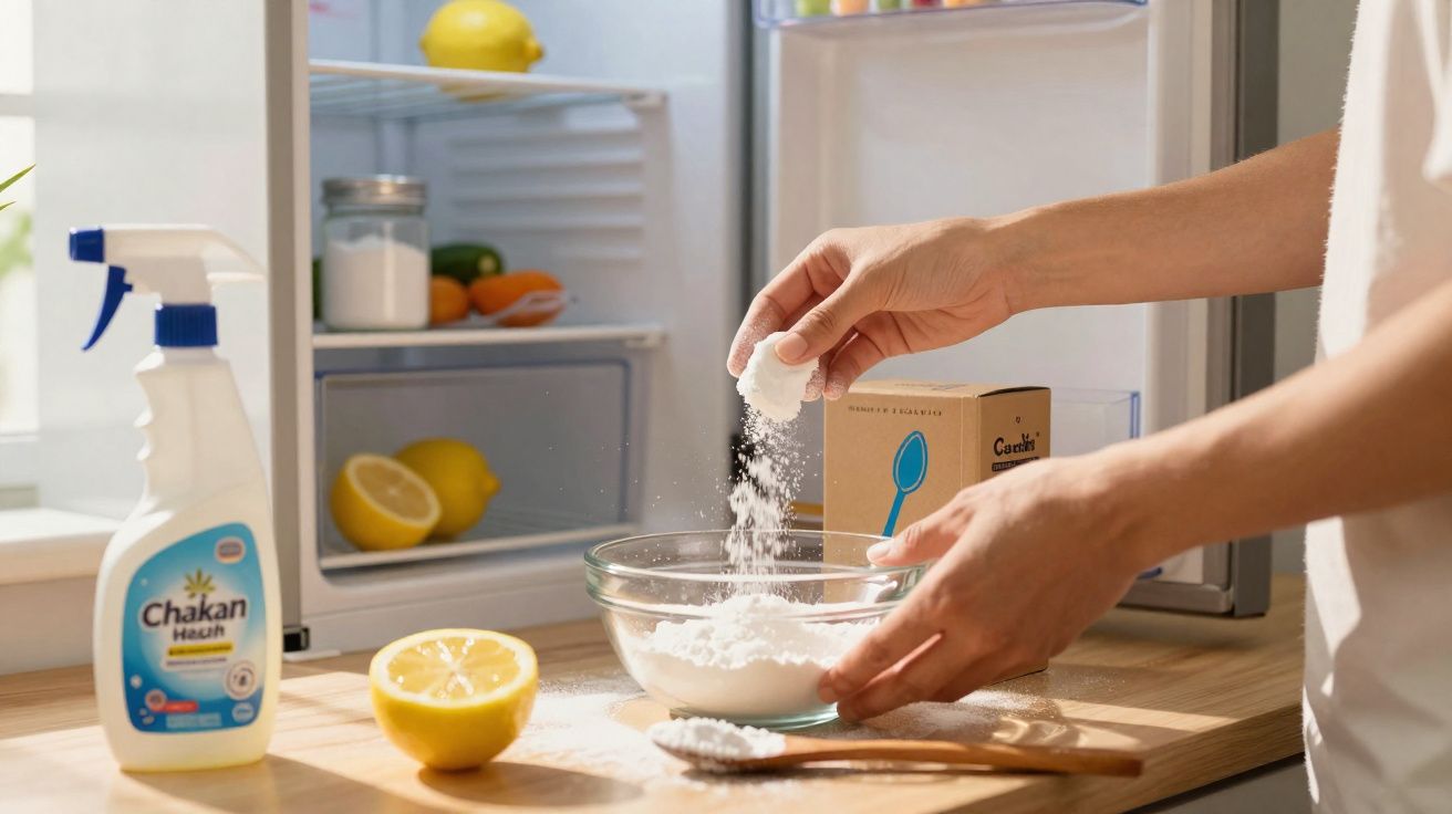 Pessoa a colocar bicarbonato de sódio numa taça de vidro na cozinha, com limão e spray de limpeza na bancada.