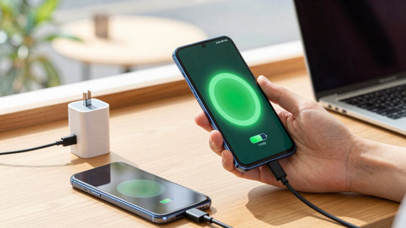 Pessoa a segurar telemóvel a carregar, com outro telemóvel a carregar na mesa junto a um portátil.
