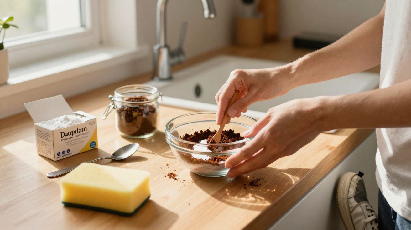 Pessoa misturando ingredientes num recipiente de vidro numa bancada de cozinha junto a esponja e caixa de bicarbonato.