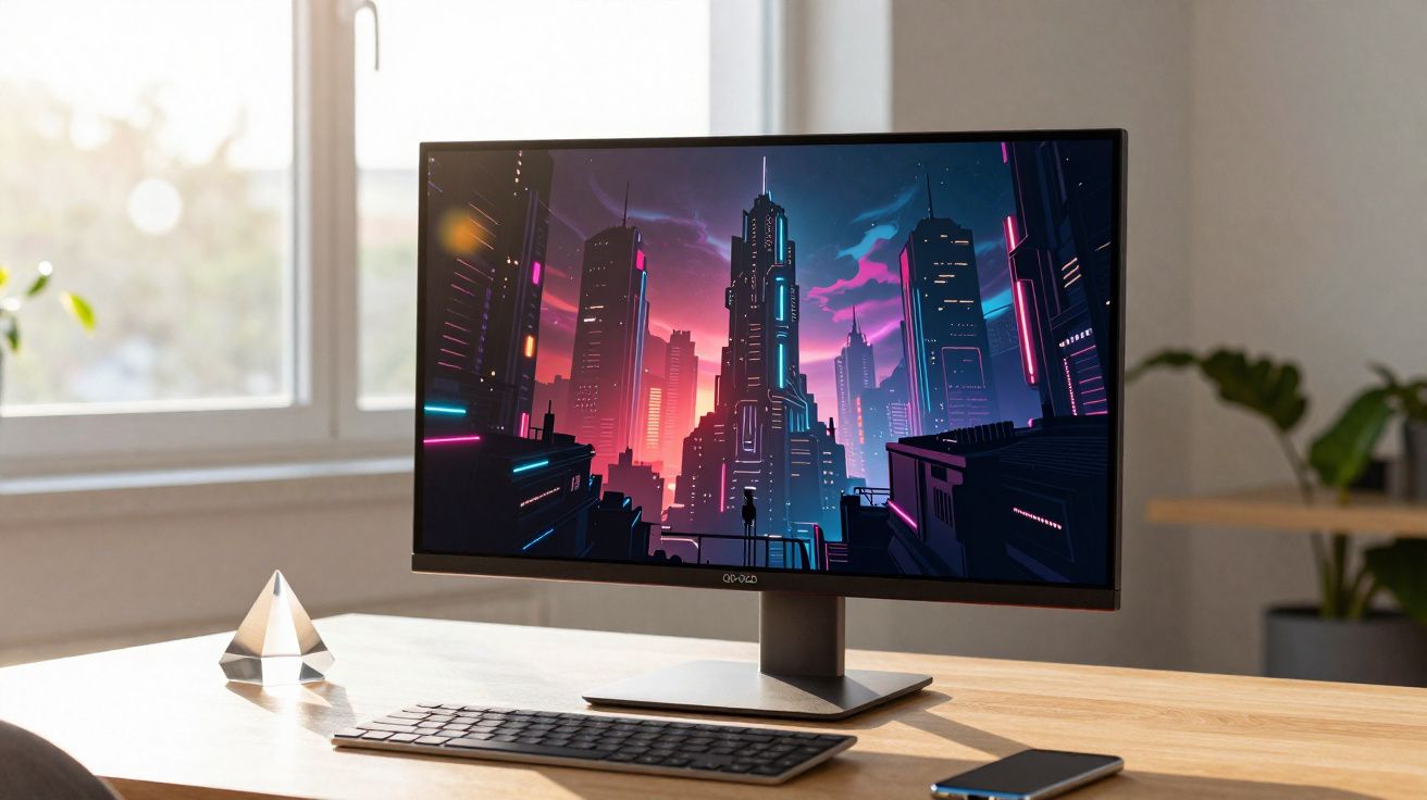 Monitor num escritório com imagem digital futurista de cidade ao pôr do sol, num ambiente iluminado por luz natural.