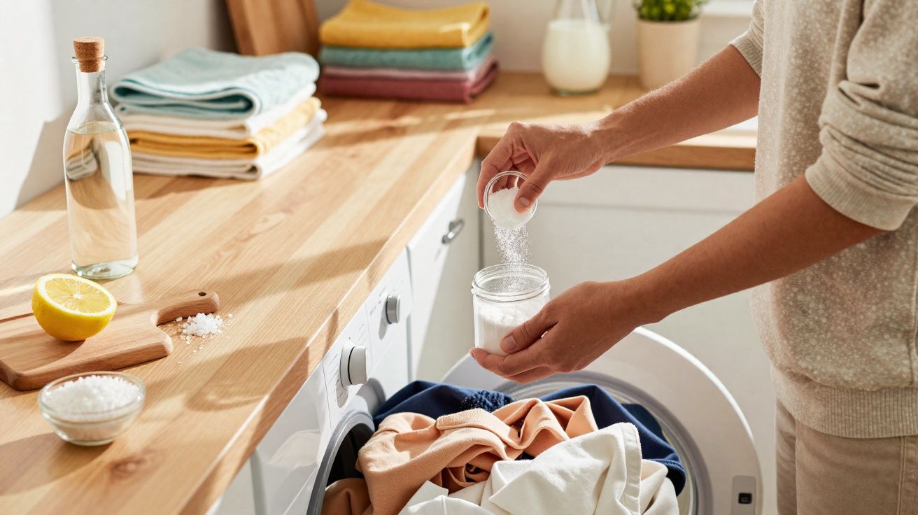 Pessoa a adicionar bicarbonato de sódio na máquina de lavar roupa cheia de roupa colorida na cozinha.