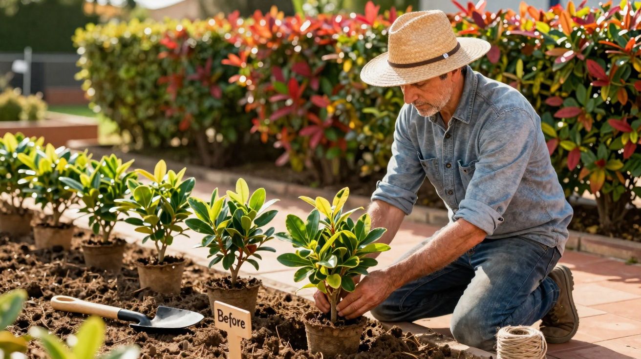 Homem de chapéu a plantar mudas em solo de jardim com espátula e estacas ao lado.