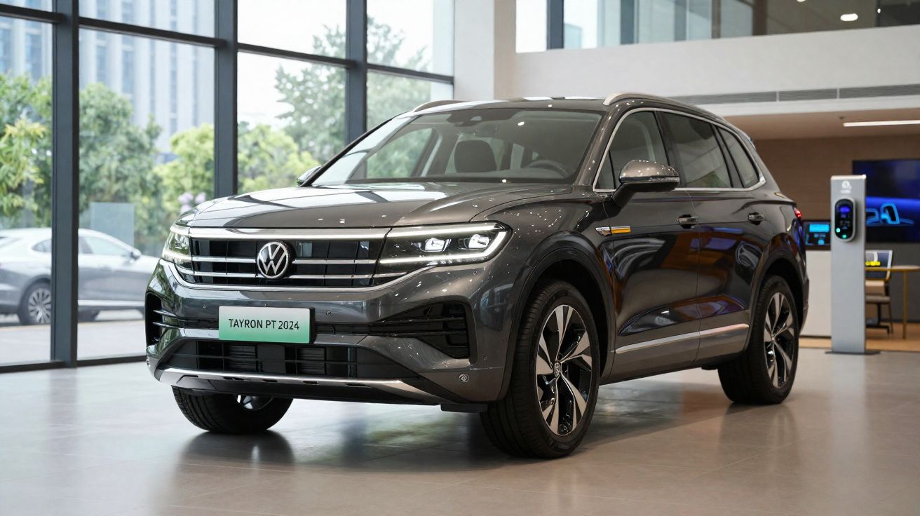 SUV Volkswagen Tayron PT 2024 cinza exposto em showroom moderno e luminoso.