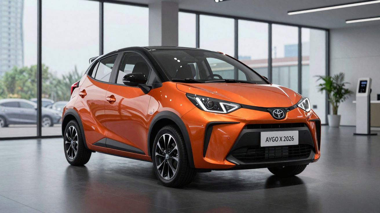 Carro Toyota Aygo X 2026 laranja em exposição dentro de showroom moderno com janelas grandes.