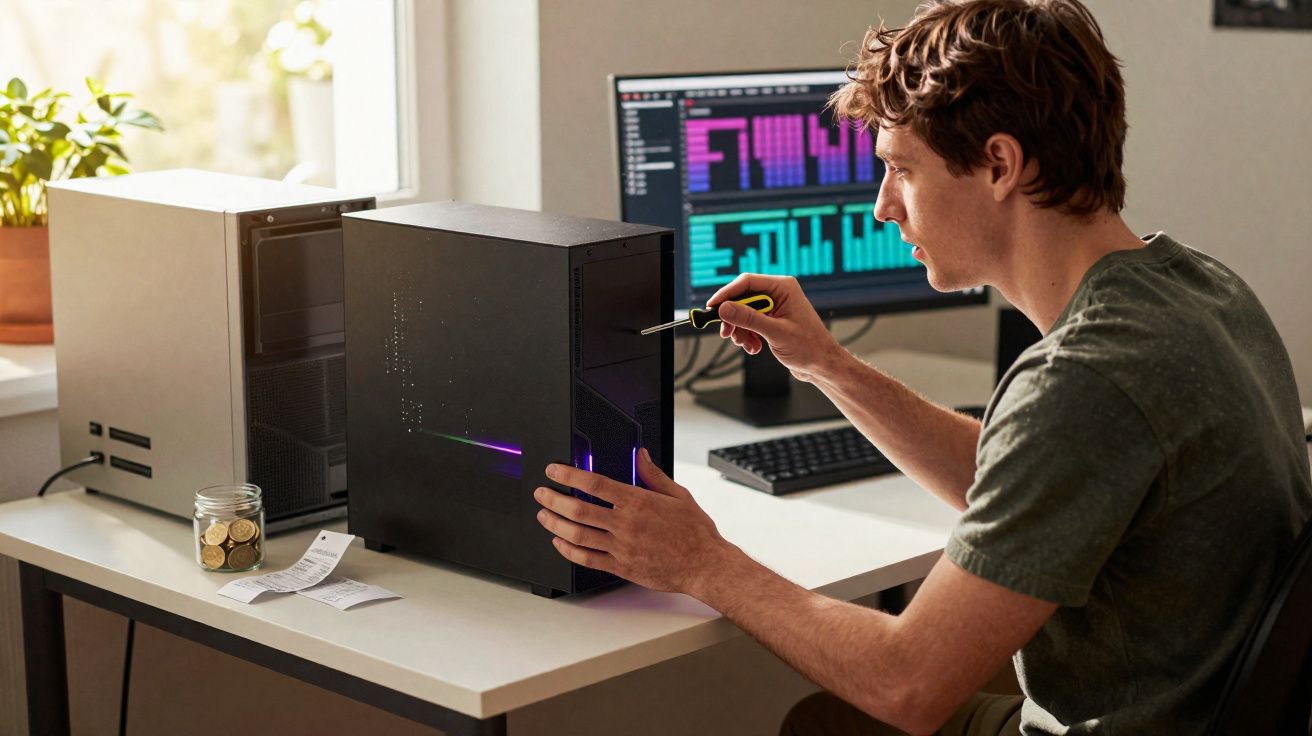 Homem a reparar computador de secretária num ambiente luminoso com monitor ligado ao fundo.