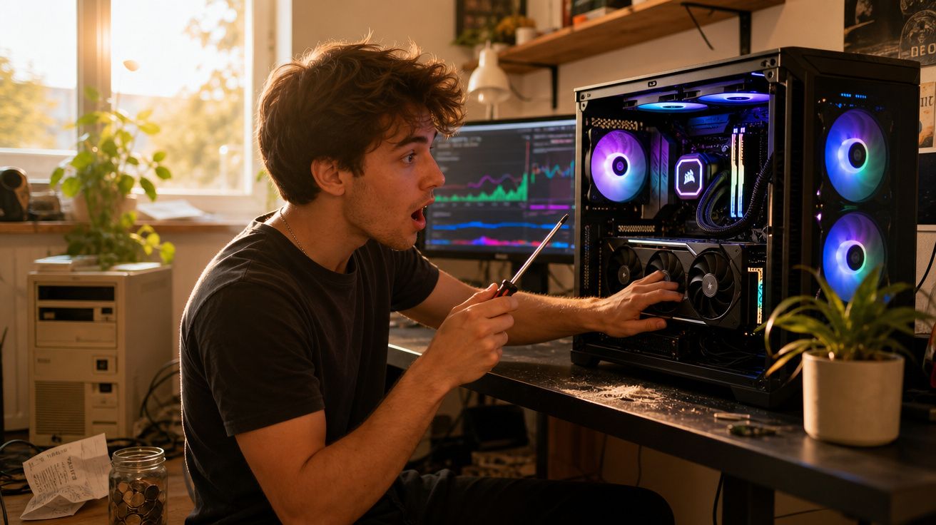 Jovem surpreendido a montar computador com iluminação RGB numa sala bem iluminada.