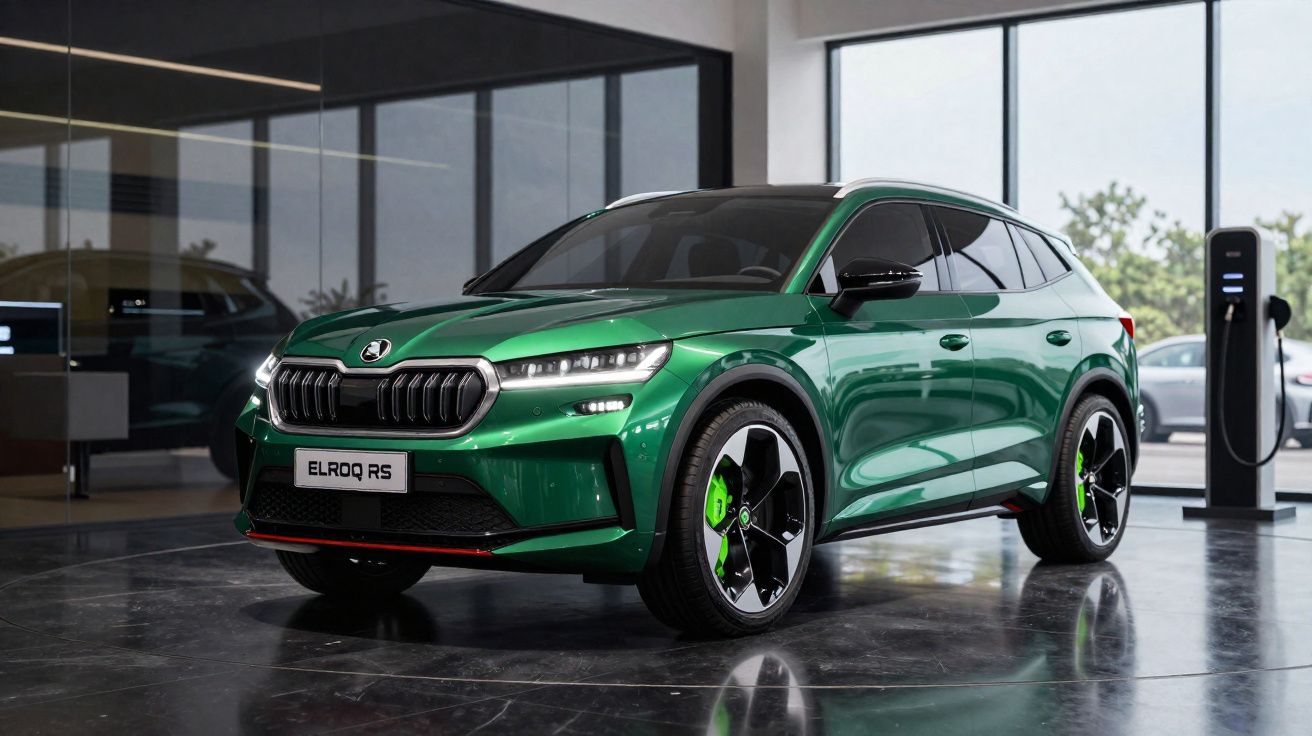 Carro elétrico SUV verde Skoda Elroq RS estacionado em showroom moderno com carregador elétrico ao lado.