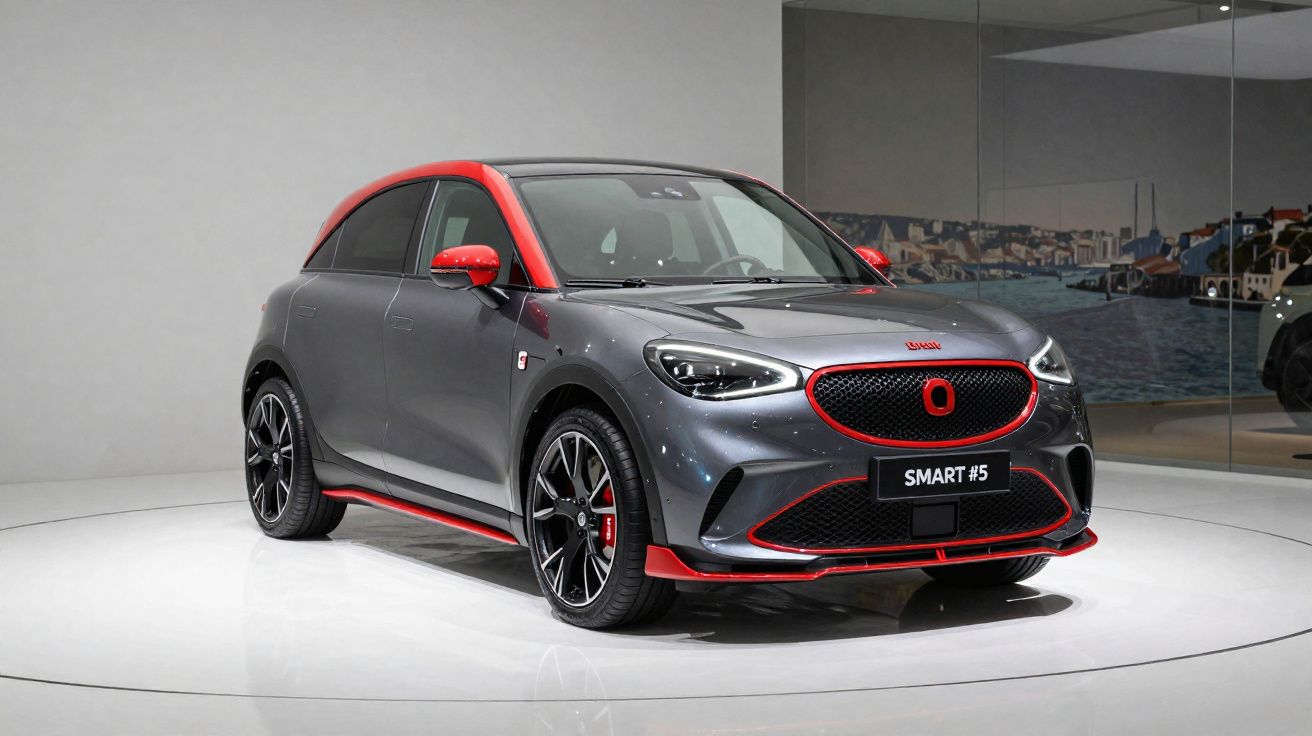 Carro compacto Smart #5 cinza com detalhes vermelhos exposto em plataforma branca numa sala moderna.