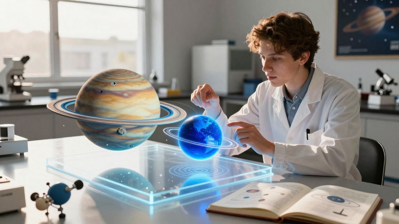 Jovem cientista a estudar modelos digitais de planetas com anéis e órbitas numa mesa de laboratório.