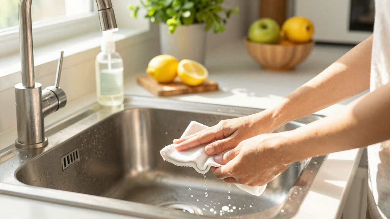 Pessoa a lavar um pano branco num lava-loiças de aço inox num ambiente de cozinha iluminado.