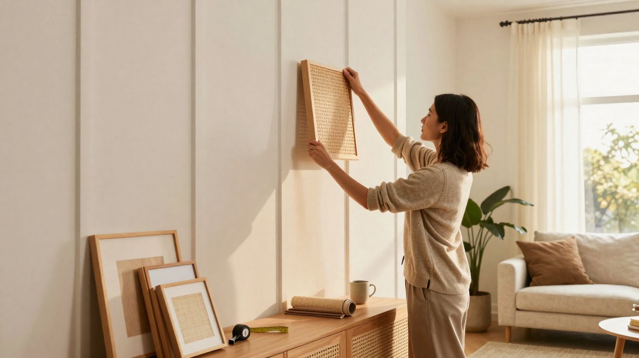 Mulher a pendurar quadro numa sala de estar luminosa com decoração minimalista.