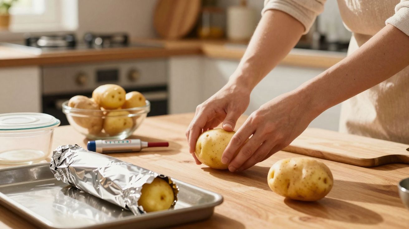 Pessoa a preparar batatas numa cozinha, com uma batata enrolada em papel de alumínio numa bandeja metálica.