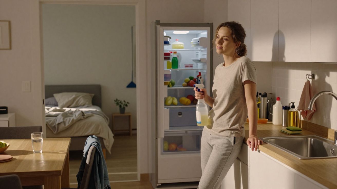 Mulher relaxa na cozinha junto ao frigorífico aberto segurando spray de limpeza, luz natural suave.