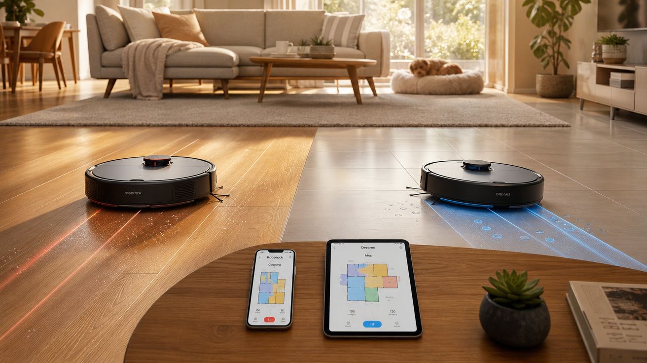 Dois robots aspiradores a limpar chão de madeira numa sala com sofá, mesas, dispositivos móveis e cão num tapete.
