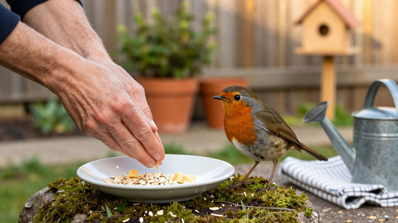 Mãos humanas a colocar comida num prato para um rouxinol pousado num tronco coberto de musgo no jardim.