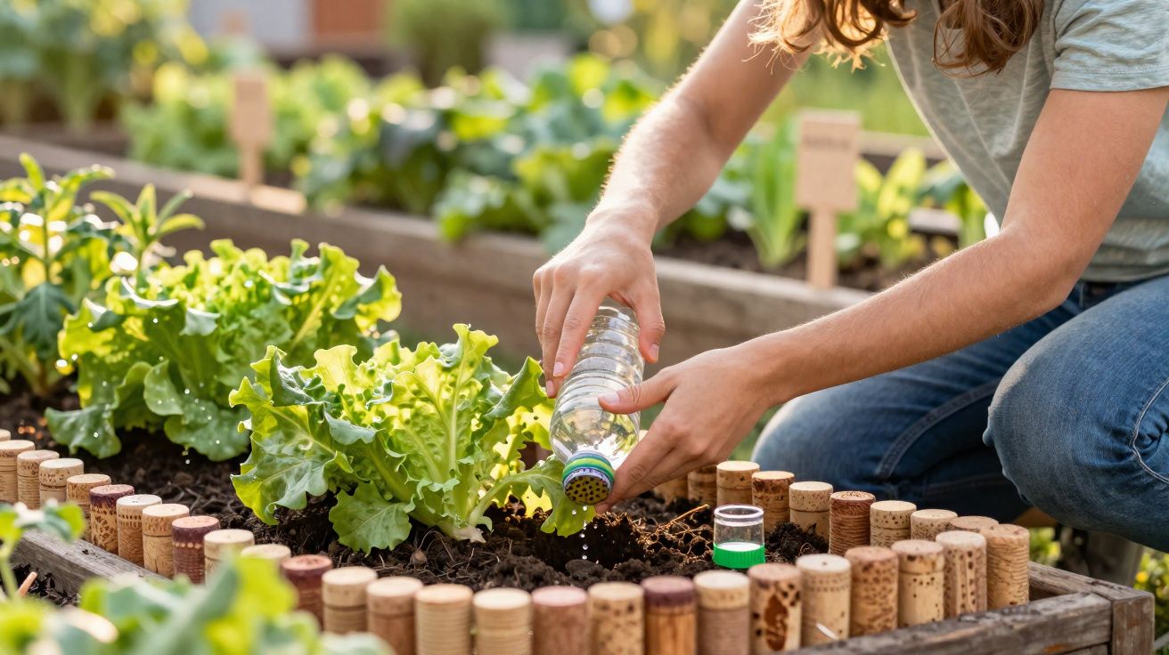Pessoa a regar plantas de alface num canteiro feito com rolhas de cortiça num jardim.