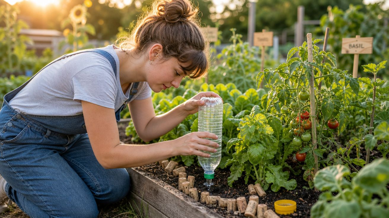Mulher rega plantas numa horta urbana, rodeada de tomates, hortelã e placa de manjericão ao pôr do sol.
