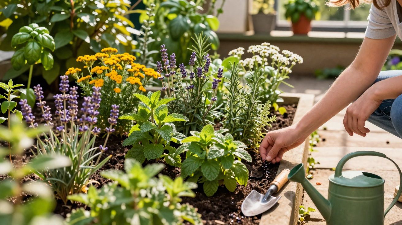 Pessoa a cuidar de plantas aromáticas em canteiro com regador e enxada ao lado.