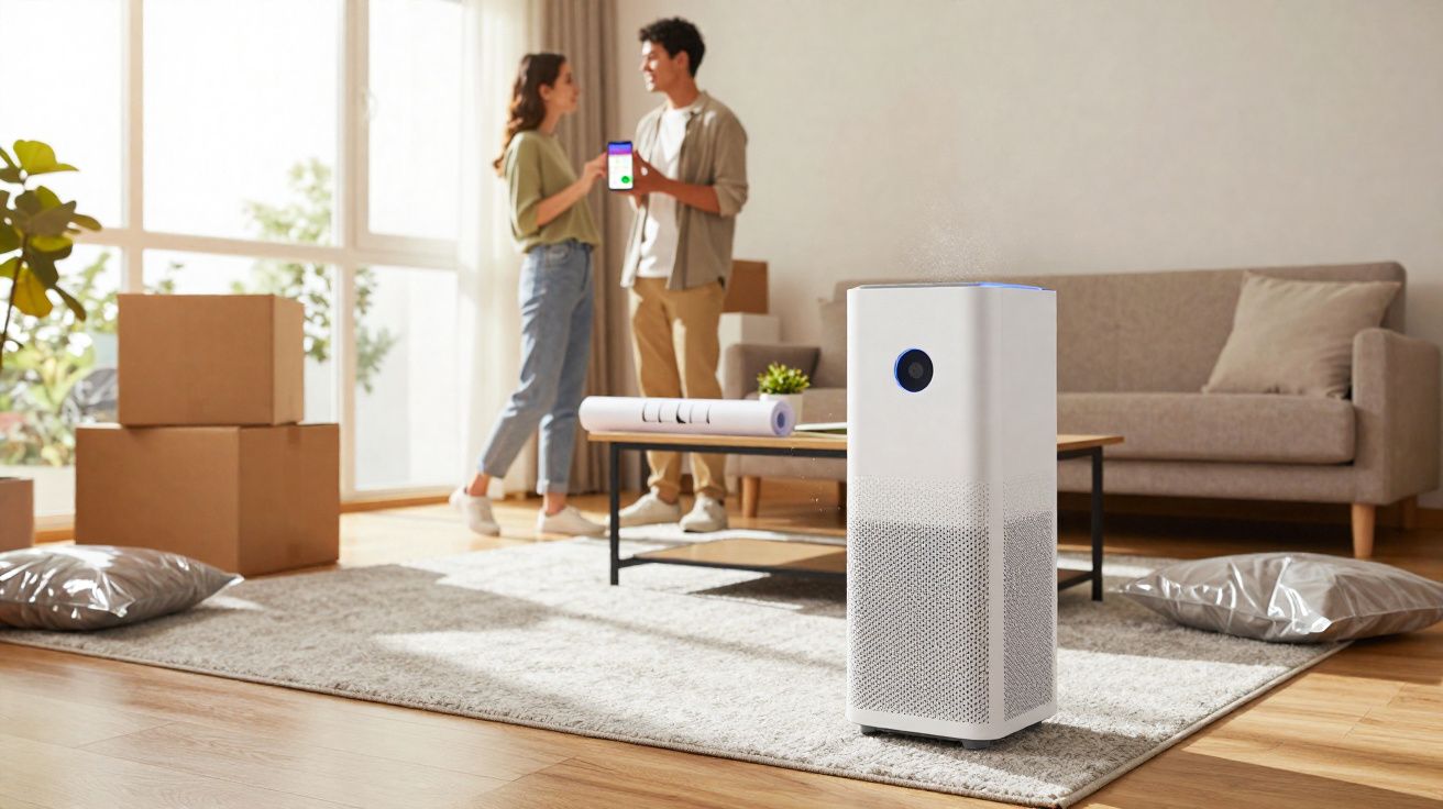 Purificador de ar branco na sala com casal a interagir e caixas de mudança ao fundo.