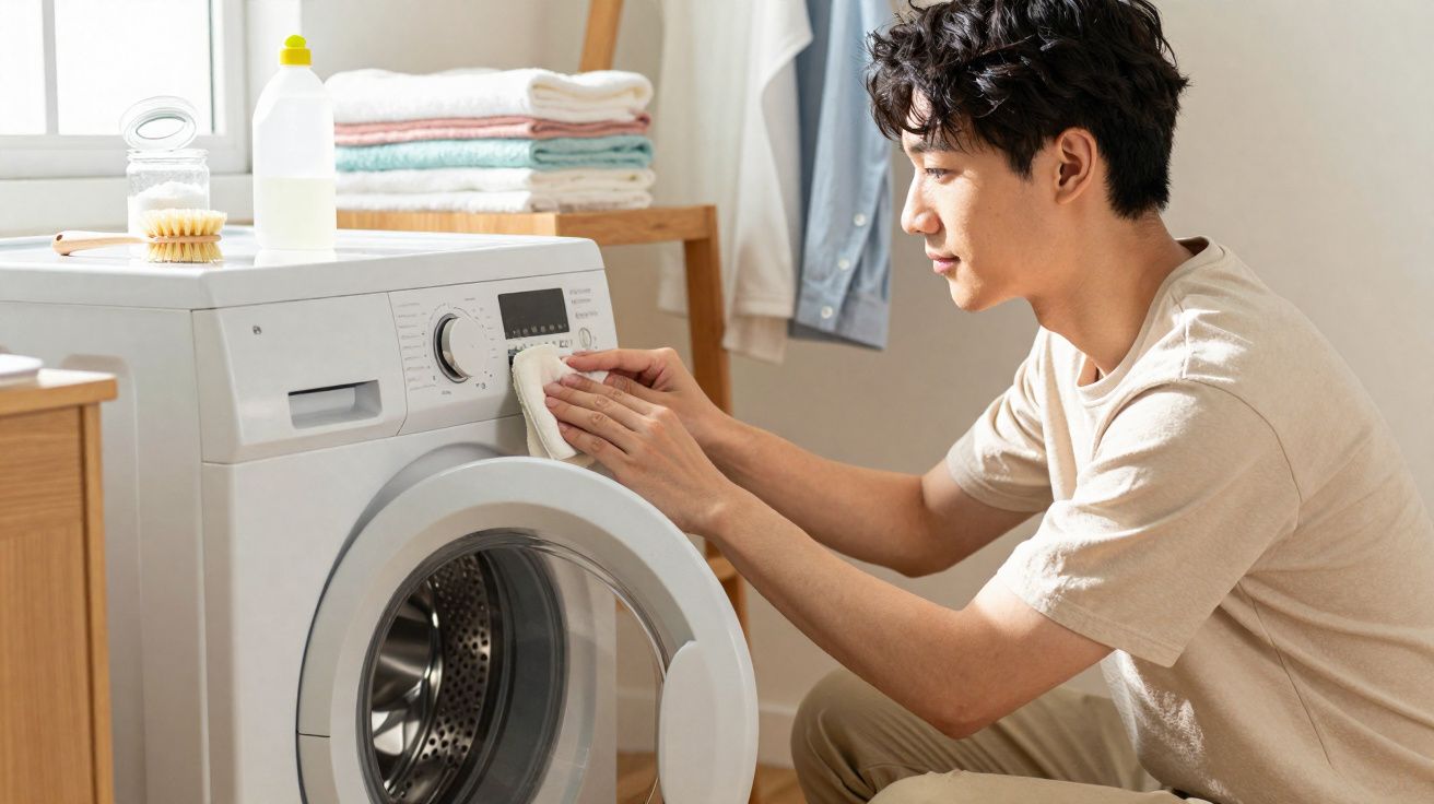Homem a programar máquina de lavar roupa numa divisão luminosa com toalhas dobradas ao fundo.